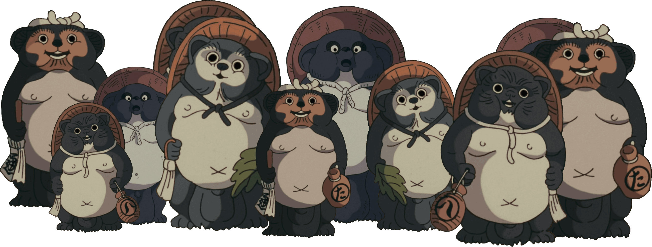 A collection of clay tanuki statues from the film Pom Poko looking at the camera.