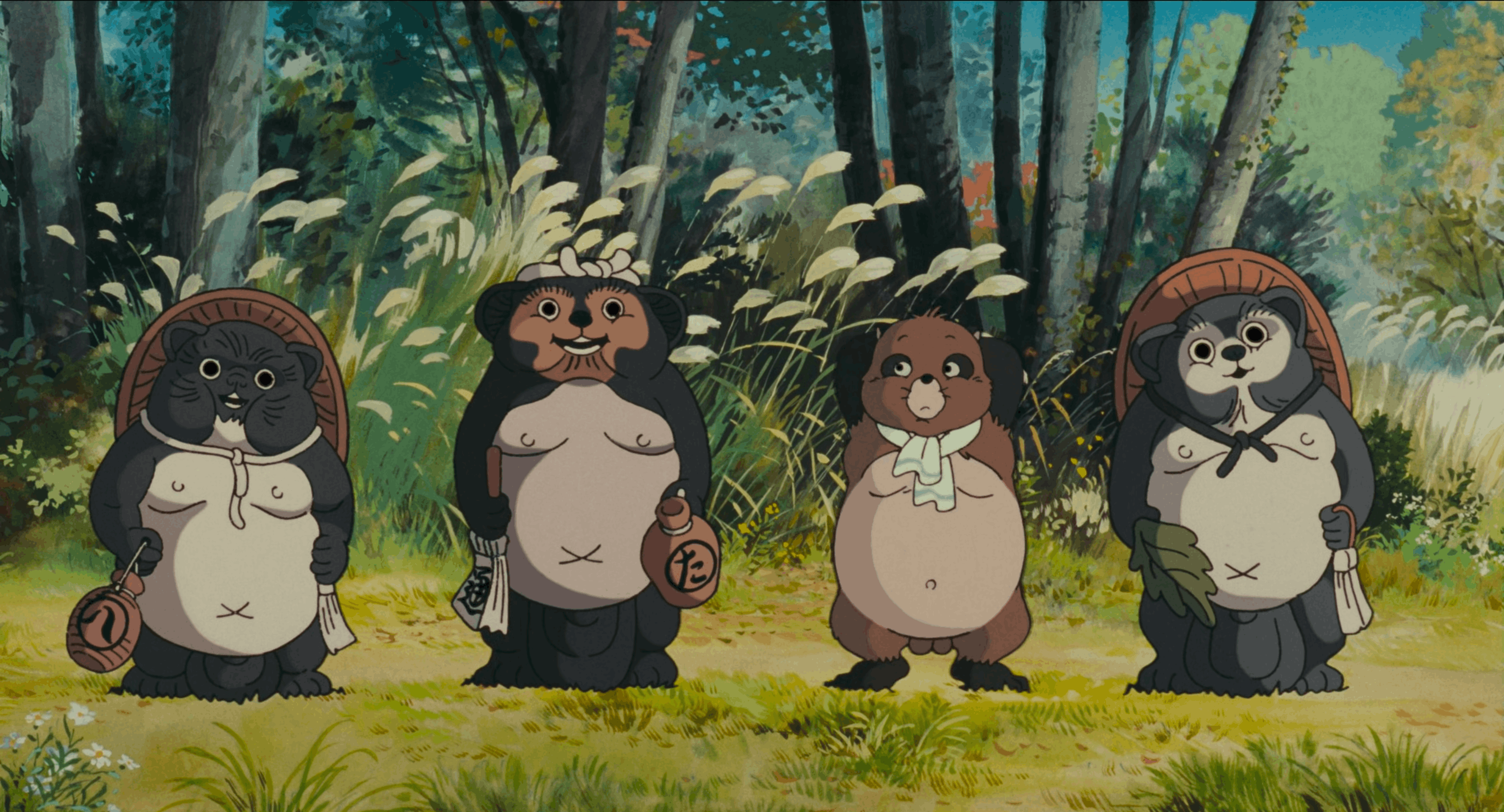 A scene from the film Pom Poko where a tanuki fails to transform with the other tanuki.