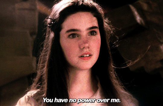 GIF of Sarah saying the line 'You have no power over me' to Jareth 